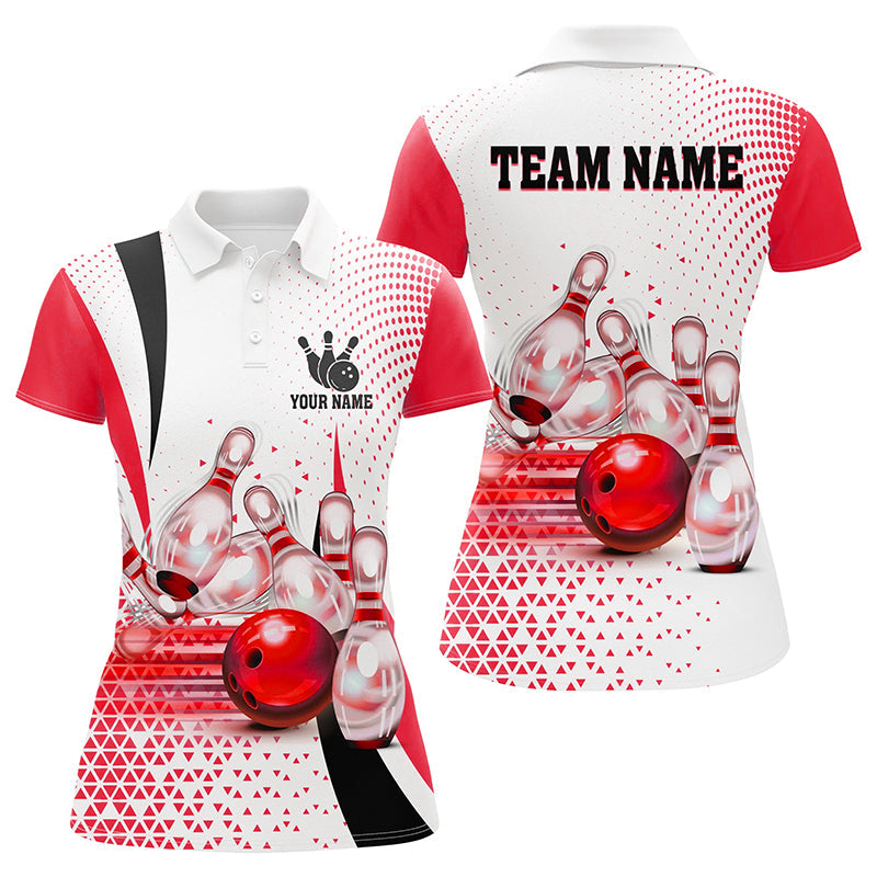 Womens bowling polo shirt Custom bowling ball pins bowling team shirts, gifts for bowlers | Red NQS7392