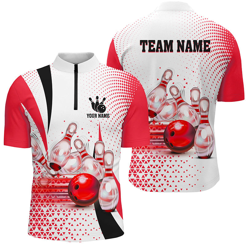 Men Bowling Quarter Zip Shirt Custom bowling ball pins bowling team shirts, gifts for bowlers | Red NQS7392