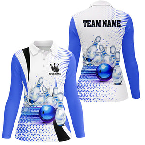 Womens bowling polo shirt Custom bowling ball pins bowling team shirts, gifts for bowlers | Blue NQS7393