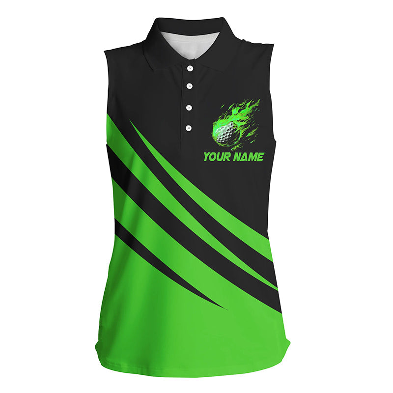 Black and green Womens sleeveless polo shirt custom flame golf ball ladies golf tops, golfing gifts NQS7399