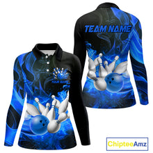 Load image into Gallery viewer, Black And Blue Flame Custom Bowling Shirts For Women, Flame Bowling League Shirts Outfits NQS9808