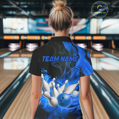 Black And Blue Flame Custom Bowling Shirts For Women, Flame Bowling League Shirts Outfits NQS9808