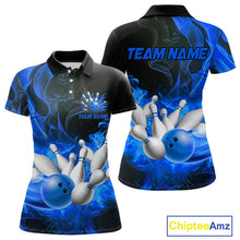 Load image into Gallery viewer, Black And Blue Flame Custom Bowling Shirts For Women, Flame Bowling League Shirts Outfits NQS9808