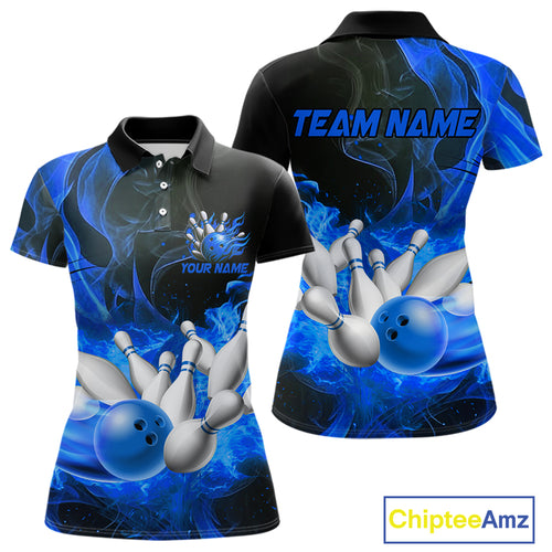 Black And Blue Flame Custom Bowling Shirts For Women, Flame Bowling League Shirts Outfits NQS9808