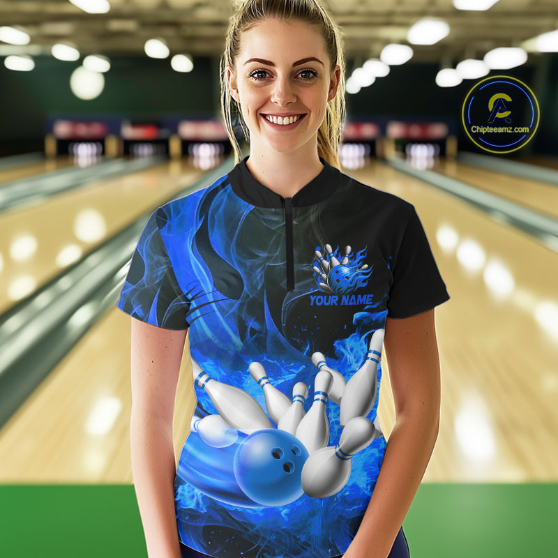 Black And Blue Flame Custom Bowling Shirts For Women, Flame Bowling League Shirts Outfits NQS9808