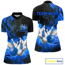 Load image into Gallery viewer, Black And Blue Flame Custom Bowling Shirts For Women, Flame Bowling League Shirts Outfits NQS9808