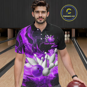 Black And Purple Flame Custom Bowling Shirts For Men, Flame Bowling League Shirts Outfits NQS9809