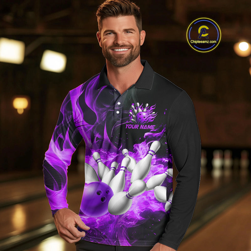 Black And Purple Flame Custom Bowling Shirts For Men, Flame Bowling League Shirts Outfits NQS9809