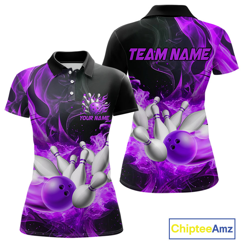 Black And Purple Flame Custom Bowling Shirts For Women, Flame Bowling League Shirts Outfits NQS9809