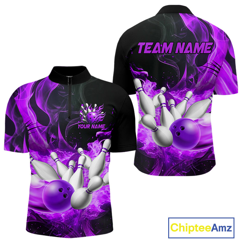 Black And Purple Flame Custom Bowling Shirts For Men, Flame Bowling League Shirts Outfits NQS9809