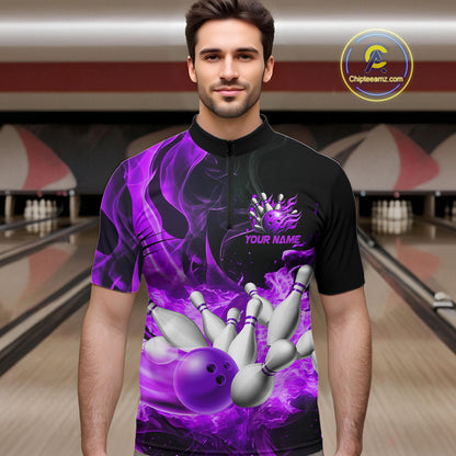 Black And Purple Flame Custom Bowling Shirts For Men, Flame Bowling League Shirts Outfits NQS9809