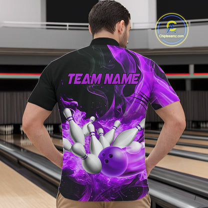 Black And Purple Flame Custom Bowling Shirts For Men, Flame Bowling League Shirts Outfits NQS9809