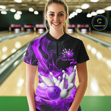 Load image into Gallery viewer, Black And Purple Flame Custom Bowling Shirts For Women, Flame Bowling League Shirts Outfits NQS9809