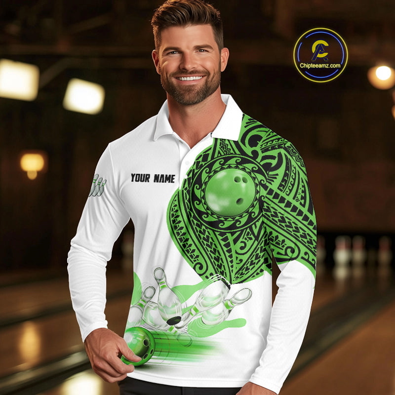 Green and White Tribal pattern Mens Bowling Shirts Custom Bowling outfit men Team bowling jersey NQS9812