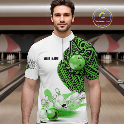 Green and White Tribal pattern Mens Bowling Shirts Custom Bowling outfit men Team bowling jersey NQS9812