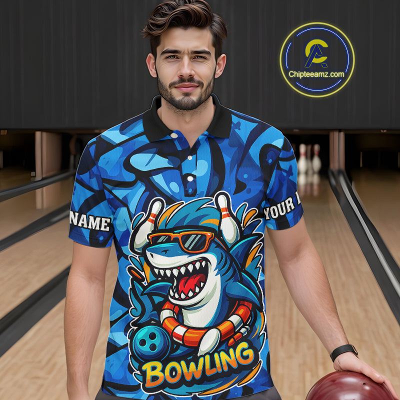 Funny Blue Camo Shark Men Bowling Polo, Quarter Zip Shirts Custom Team Shark Bowling Outfit Jersey NQS9816