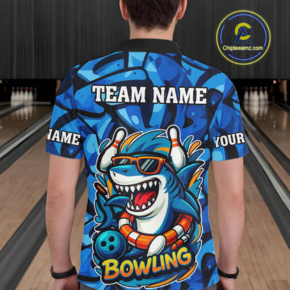 Funny Blue Camo Shark Men Bowling Polo, Quarter Zip Shirts Custom Team Shark Bowling Outfit Jersey NQS9816