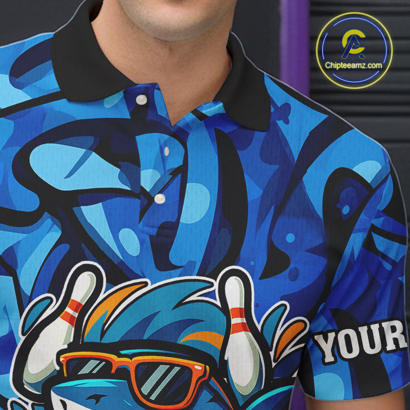 Funny Blue Camo Shark Men Bowling Polo, Quarter Zip Shirts Custom Team Shark Bowling Outfit Jersey NQS9816