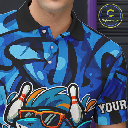 Funny Blue Camo Shark Men Bowling Polo, Quarter Zip Shirts Custom Team Shark Bowling Outfit Jersey NQS9816