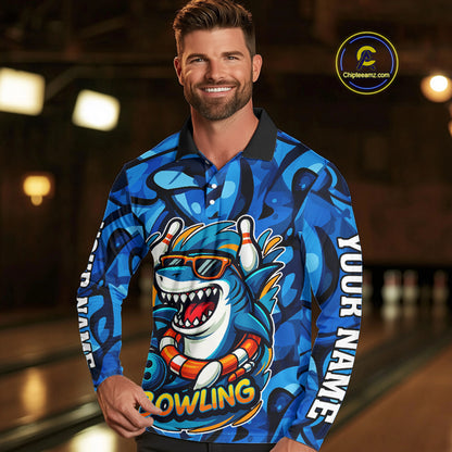 Funny Blue Camo Shark Men Bowling Polo, Quarter Zip Shirts Custom Team Shark Bowling Outfit Jersey NQS9816