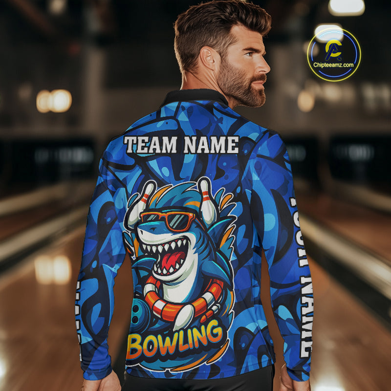 Funny Blue Camo Shark Men Bowling Polo, Quarter Zip Shirts Custom Team Shark Bowling Outfit Jersey NQS9816