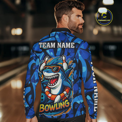 Funny Blue Camo Shark Men Bowling Polo, Quarter Zip Shirts Custom Team Shark Bowling Outfit Jersey NQS9816