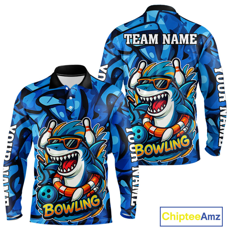 Funny Blue Camo Shark Men Bowling Polo, Quarter Zip Shirts Custom Team Shark Bowling Outfit Jersey NQS9816