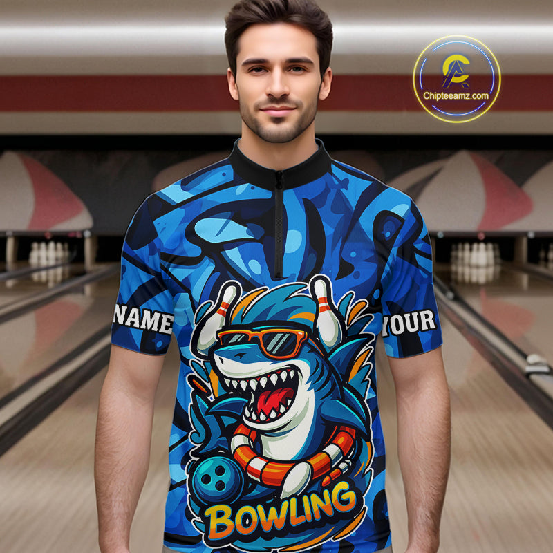 Funny Blue Camo Shark Men Bowling Polo, Quarter Zip Shirts Custom Team Shark Bowling Outfit Jersey NQS9816