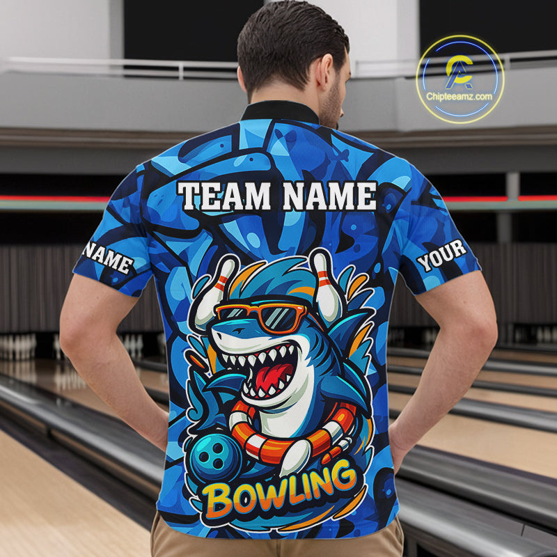 Funny Blue Camo Shark Men Bowling Polo, Quarter Zip Shirts Custom Team Shark Bowling Outfit Jersey NQS9816