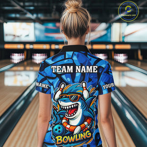 Funny Blue Camo Shark Women Bowling Polo, Quarter Zip Shirts Custom Team Shark Bowling Outfit Jersey NQS9816