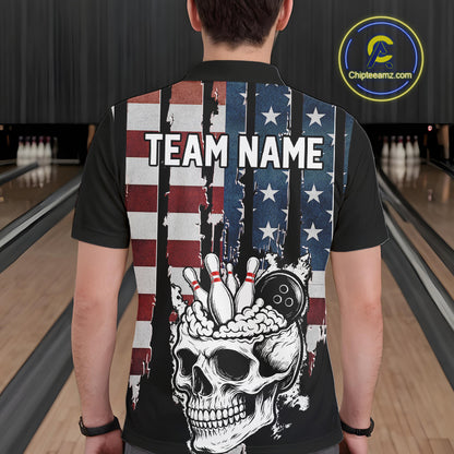 Vintage American Flag retro skull bowling shirts for Men Custom patriotic Bowling Team Outfit NQS10048