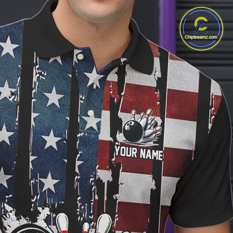 Vintage American Flag retro skull bowling shirts for Men Custom patriotic Bowling Team Outfit NQS10048