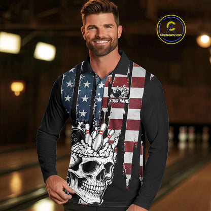 Vintage American Flag retro skull bowling shirts for Men Custom patriotic Bowling Team Outfit NQS10048