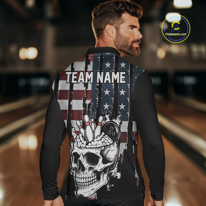 Vintage American Flag retro skull bowling shirts for Men Custom patriotic Bowling Team Outfit NQS10048