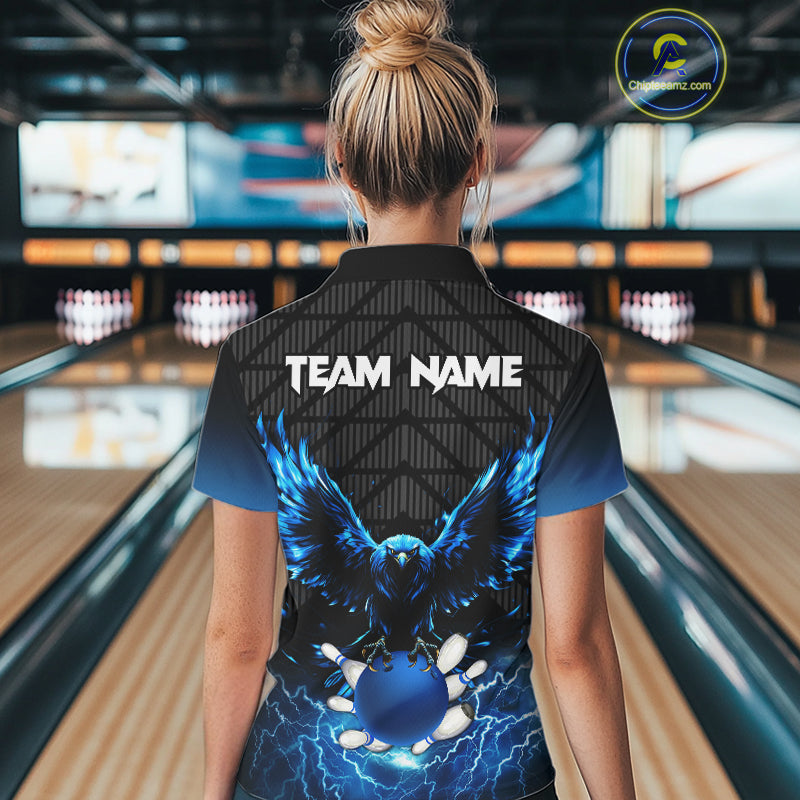 Women bowling shirts Custom blue lightning thunder Eagle Bowling Team Jersey, gift for team Bowlers NQS10049