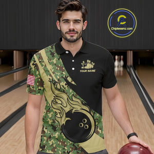Mens bowling polo, quarter zip shirts Custom green camo bowling team jerseys, gift for team Bowlers NQS10053
