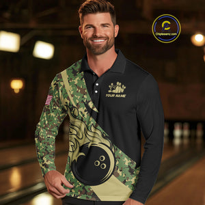 Mens bowling polo, quarter zip shirts Custom green camo bowling team jerseys, gift for team Bowlers NQS10053