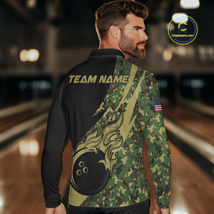 Mens bowling polo, quarter zip shirts Custom green camo bowling team jerseys, gift for team Bowlers NQS10053