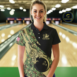 Women bowling polo, quarter zip shirts Custom green camo bowling team jerseys, gift for team Bowlers NQS10053