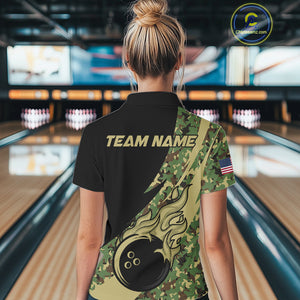 Women bowling polo, quarter zip shirts Custom green camo bowling team jerseys, gift for team Bowlers NQS10053