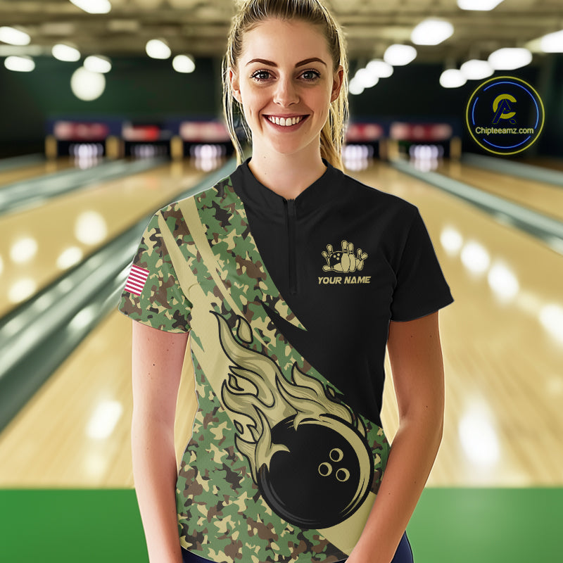 Women bowling polo, quarter zip shirts Custom green camo bowling team jerseys, gift for team Bowlers NQS10053