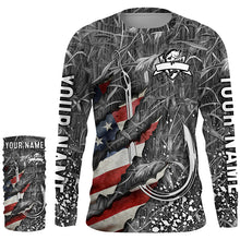 Load image into Gallery viewer, American flag fish hook gray camo fishing custom sun protection performance long sleeve fishing shirt NQS6055