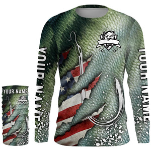 American flag fish hook green bass scales custom sun protection performance long sleeve fishing shirts NQS6056