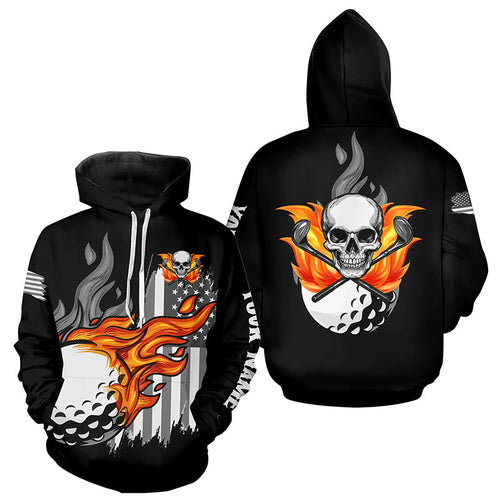 Black and white American flag flame skull golf Hoodies custom patriotic golfing gifts NQS8395