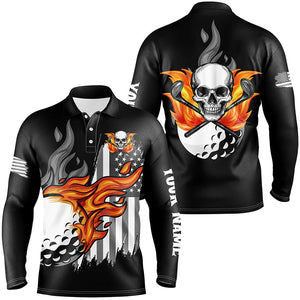 Black and white American flag flame skull Men golf polo shirts custom patriotic men's golf clothing NQS8395