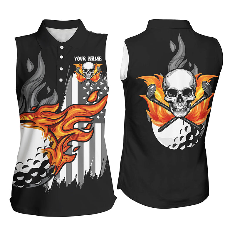 Black and white American flag flame skull Sleeveless polo shirt custom patriotic golf outfits ladies NQS8395