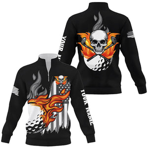 Black and white American flag flame skull Quarter zip golf sweatshirt  custom patriotic golf sweater NQS8395