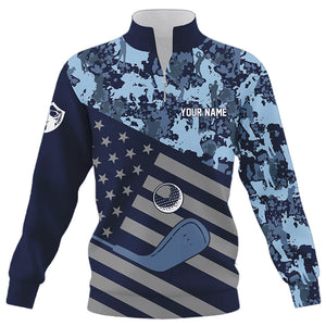 Blue Camo American flag Quarter zip golf sweatshirt custom patriotic golf sweater, cool golf gifts NQS8396