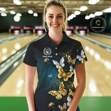 Load image into Gallery viewer, Custom Gold Butterflies Bowling Shirts For Women, Personalized Team Bowling Polo &amp; Quarter-Zip Shirts NQS10577