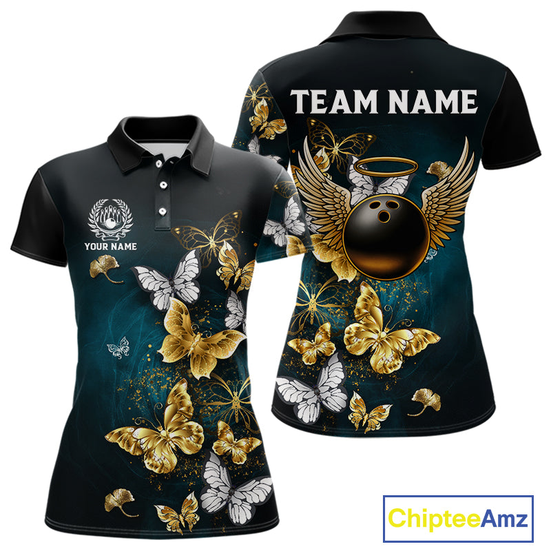 Custom Gold Butterflies Bowling Shirts For Women, Personalized Team Bowling Polo & Quarter-Zip Shirts NQS10577